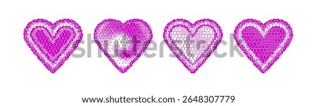 Pink pixel hearts with y2k halftone effects - digital love icons with gradient square dots in retro 8 bit game style. Valentine graphics collection in nostalgic computer art for romantic designs.