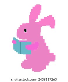 Pink pixel rabbit with white border standing reading book