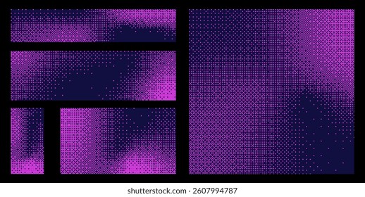  Pink pixelated bitmap texture background set. Retro pixel art, glitch dither pattern, 8 bit background. Leisure or arcade games duotone border frame. Vector illustration