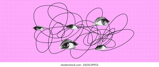Pink Plaid background with tangled line and halftone effect eyes. Bright teenage concept.  Vector modern girly trendy illustration