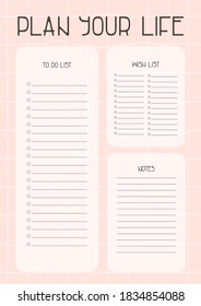 Pink Plan you life page with Wish list, Notes and To do list templates