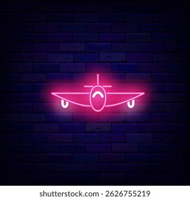 Plano rosa en el icono de neón de la vista frontal. Símbolo del aeropuerto en la pared de ladrillo. Pasajero de vuelo. Vector ilustración de stock