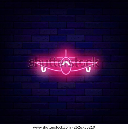 Pink plane in front view neon icon. Airport symbol on brick wall. Flight passenger. Vector stock illustration
