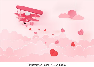 Pink plane leaves the heart on the clouds,Valentines day and weeding design,Paper art idea,vector and illustration.