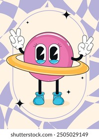 Pink planet cartoon character with peace signs Vector