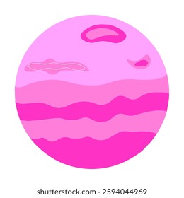 Pink planet located somewhere in  vastness of the universe. Cosmic body lost in interstellar space. Space day. One icon isolated on  white background. Cute and cartoony.