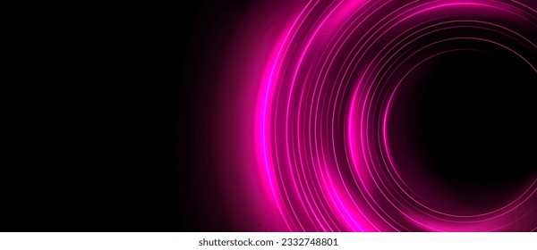 Efecto de luz de neón del anillo del planeta rosa con brillo de línea circular. Giro de energía digital con expansión de bengalas mágicas. Ilustración del vector de la órbita de la curva espacial. Resumen elemento galaxia forma de disco circular marco