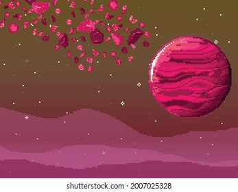 Pink planet in space with asteroids. Retro game design interface. Pixel art space background. 8 bit.