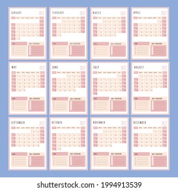 PINK PLANNER 2022 Year Printable Template Business Organizer Schedule Page For A Day For Effective Planning Paper Sheet Design Clip Art Vector illustration Set