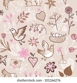 Pink plants and birds seamless pattern
