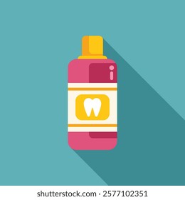 Pink plastic bottle of mouthwash with white tooth on label is standing on blue background, dental care concept