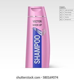 Pink Plastic Bottle of Shampoo on White Background. Isolated Vector Layers Mock up