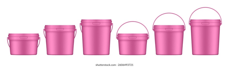 Pink plastic buckets with handle and lid. Vector mockup of a food or building mixtures packaging. A bucket of paint or putty. Small, medium and large sizes