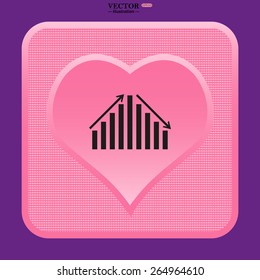 Pink plastic button with a heart on a purple background.  Icon chart with arrows, vector illustration, EPS 10