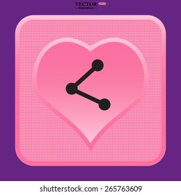 Pink plastic button with a heart on a purple background.  web icon share vector illustration, EPS 10