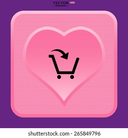 Pink plastic button with a heart on a purple background.  put in shopping cart , vector illustration, EPS 10