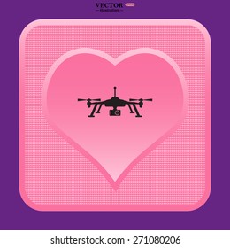 Pink plastic button with a heart on a purple background. Quadrocopter. icon. vector design