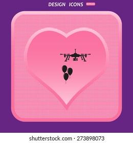 Pink plastic button with a heart on a purple background.  Aerial photography. Festive balloons. Quadrocopter. icon. vector design