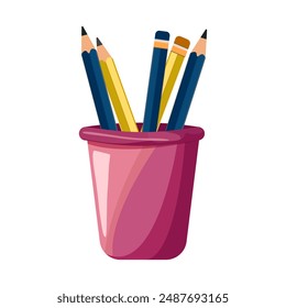 Pink plastic cup with pencils. School supplies. Isolated on white background. Vector flat illustration.