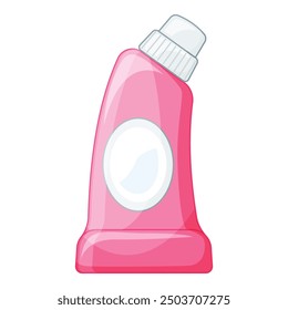 Pink plastic detergent bottle with blank label, white lid and measuring cap standing on white background