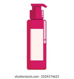 Pink plastic dispenser bottle with pump for cosmetics standing on white background
