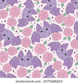 Pink Plastic Doll Bat rose flower vector seamless pattern. Pinky Girl Halloween vibes background.