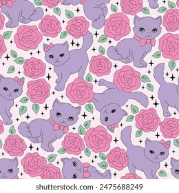 Pink Plastic Doll Cat Rose flower vector seamless pattern. Pinky Girl Halloween vibes background.