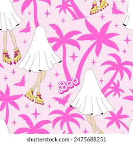 Pink Plastic Doll ghost on roller skates Palms vector seamless pattern. Pinky Girl Halloween vibes background.