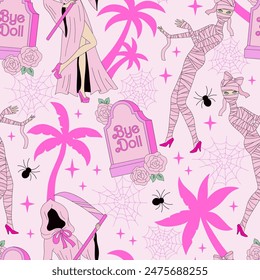 Pink Plastic Doll graveyard vector seamless pattern. Pinky Girl Halloween vibes background.