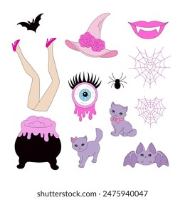 Pink Plastic Doll Horror elements vector clip-art set isolated on white. Doll legs, Witch hat, Vampire Lips, Eye, Cat, Bat, Cobweb, Spider. Pinky Girlish Halloween illustration