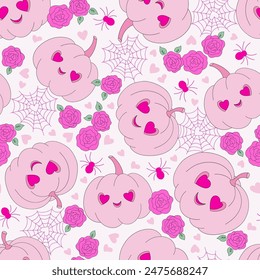 Pink Plastic Doll Pumpkin Rose flower Cobweb Spider vector seamless pattern. Pinky Girl Halloween vibes background.