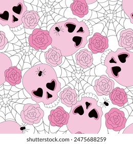 Pink Plastic Doll Scull Cobweb vector seamless pattern. Pinky Girl Halloween vibes background.