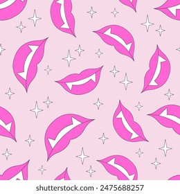 Pink Plastic Doll Vampire Lips vector seamless pattern. Pinky Girl Halloween vibes background.