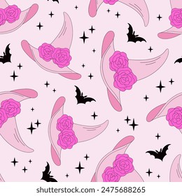 Pink Plastic Doll Witch Hat vector seamless pattern. Pinky Girl Halloween vibes background.