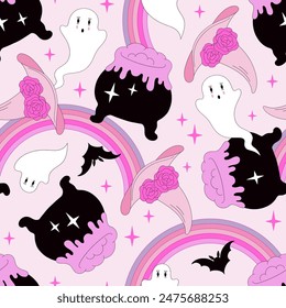 Pink Plastic Doll witch magic vector seamless pattern. Pinky Girl Halloween vibes background.