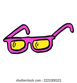 The pink plastic eyeglasses or sunglasses cartoon character, doodle style vector icons