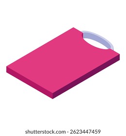 Pink plastic kitchen cutting board with handle for cutting vegetables, meat and fruits isometric view