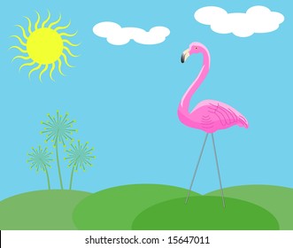 Pink Plastic Lawn Flamingo Has Wire Legs And Stands On Little Hills With Stylish Weeds. Blue Sky, Blazing Sun, And Little Clouds.