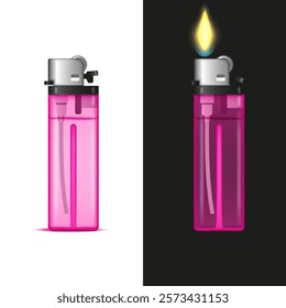 Pink plastic lighter isolated with transparent body and metallic top realistic vector 3d, industrial detailed design in two views: isolated on a white background and with a flame on a dark background.