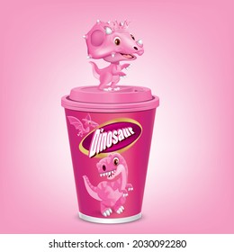 Pink plastic mug design with pink dinosaur figure.illustration vector