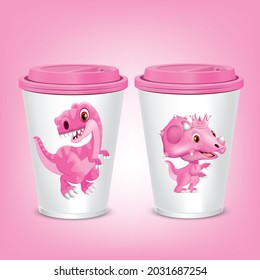 Pink plastic mug design with pink dinosaur figure.illustration vector