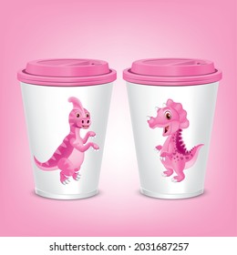 Pink plastic mug design with pink dinosaur figure.illustration vector