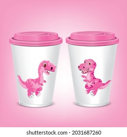 Pink plastic mug design with pink dinosaur figure.illustration vector