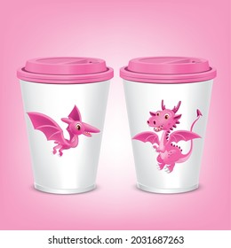 Pink plastic mug design with pink dinosaur figure.illustration vector