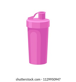Pink plastic reusable water bottle, drink bottle for fitness, protein shaker vector Illustration on a white background