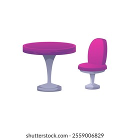 Pink plastic table with a chair on a metal leg in retro style. Modern and comfortable furniture for the kitchen, cafe or bistro. Vector illustration isolated on a white background.