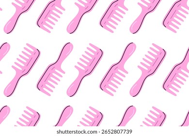 Pink plastic wide-tooth combs in a repeating seamless layout for thick hair