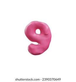 Pink plasticine number nine 3D style, vector illustration isolated on white background. Decorative design element, volume textured single object, counting