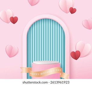 A pink platform with a papercut hearts for Mother's Day.