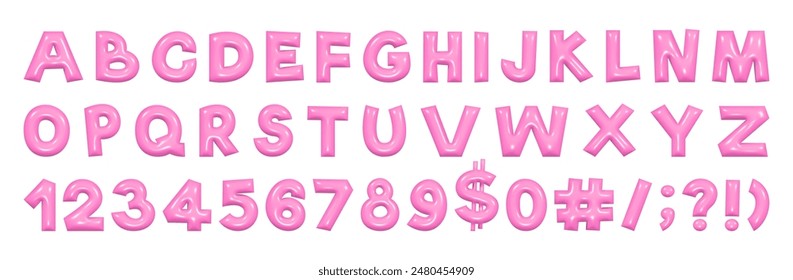 Pink playful alphabet in Y2K style. 3D rendering of plump letters, plastic glossy reflective texture. Vector illustration.